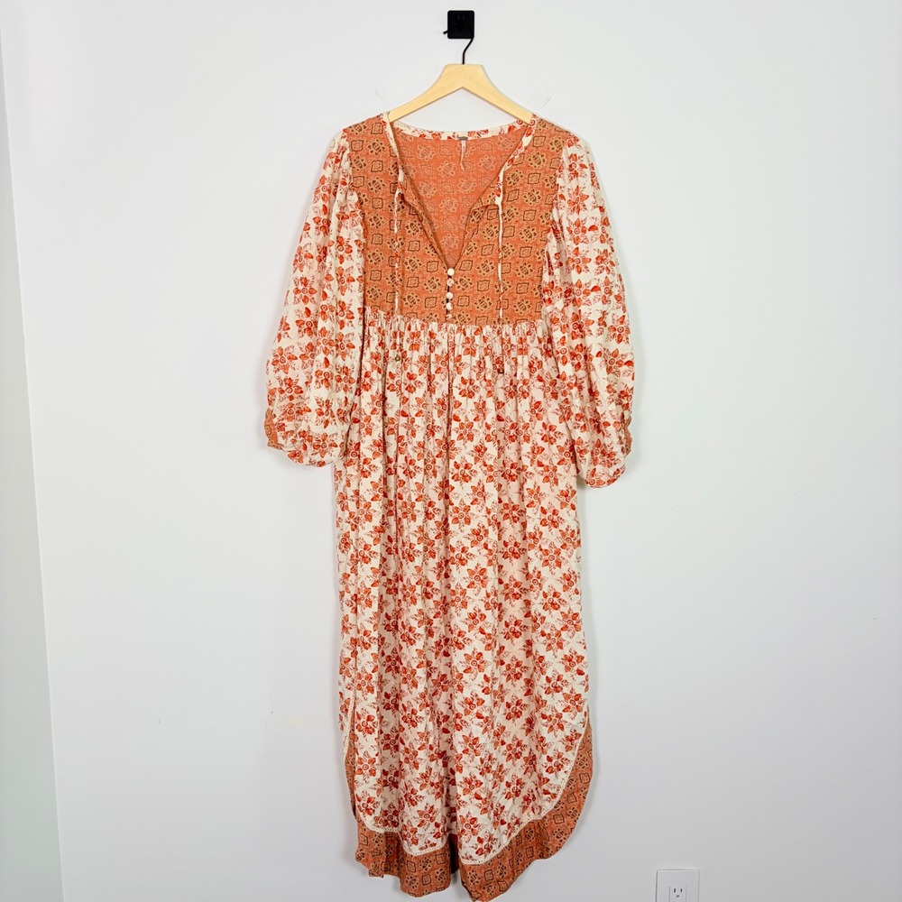 Free People Hazy Maisy Floral Maxi Dress Orange Pink Small Boho Cottaecore - Picture 3 of 9